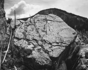 Ansel Adams - Boulder with hill in background, Rocks at Silver Gate, Yellowstone National Park, Wyoming, ca. 1941-1942