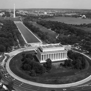 Carol Highsmith - Aerial of Mall showing Lincoln Memorial, Washington Monument and the U.S. Capitol, Washington, D.C. - Black and White Variant