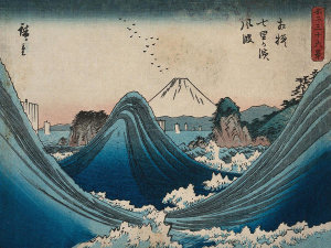 Ando Hiroshige - Mount Fuji seen through the waves at Manazato no hama