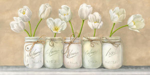 Jenny Thomlinson - White Tulips in Mason Jars