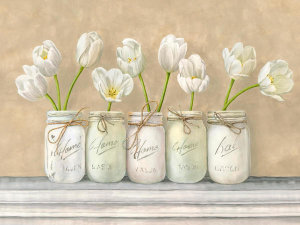 Jenny Thomlinson - White Tulips in Mason Jars