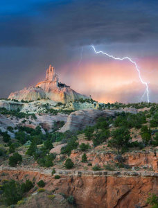 Tim Fitzharris - Lightning strike near rock formation, Church Rock, Red Rock State Park, New Mexico