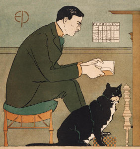 Edward Penfield - Man reading at the fireside with cat - art detail from Harper's for February, 1898