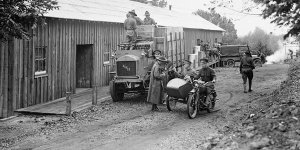 Harris & Ewing - U.S. Army motorcycle & sidecar and supply trucks, 1917