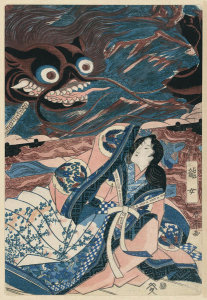 Shuntei Katsukawa - Fujiwara no hidesato no mukade taiji (Sea Monster Attack) – Triptych center panel, ca. 1815-20