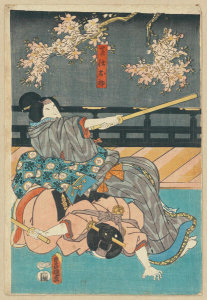 Utagawa Kunisada - Meshitsukai ohatsu (Sword Practice). 1855