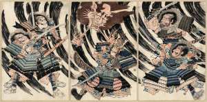 Unknown 19th Century Japanese Printmaker - Raikō sitennō to shutendōji no kubi (Warriors fighting a demon) – Triptych, ca. 1820s