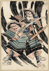 Unknown 19th Century Japanese Printmaker - Raikō sitennō to shutendōji no kubi (Warriors fighting a demon) – Triptych left panel, ca. 1820s