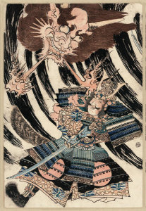 Unknown 19th Century Japanese Printmaker - Raikō sitennō to shutendōji no kubi (Warriors fighting a demon) – Triptych center panel, ca. 1820s