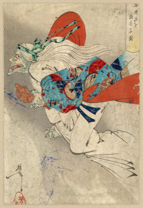 Taiso Yoshitoshi - Ibaraki (Demon flying through the air), ca. 1880s