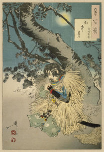 Tsukioka Yoshitoshi - Rainy Moon - Kojima Takanori. From the series: One Hundred Aspects of the Moon