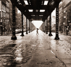 Angelo Rizzuto - Woman crosses the road, demolition of the 3rd Ave. line in the background, New York City, 1956