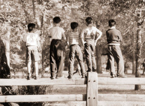 Angelo Rizzuto - Five boys standing on a fence, New York City, 1956