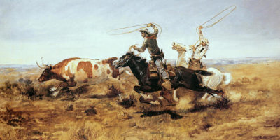Charles M. Russell - O. H. Cowboys Roping a Steer