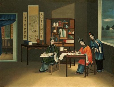 Chinese School - An Interior With a Woman Painting Flowers