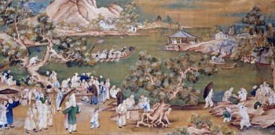 Chinese School - A Lake Scene With Figures Celebrating a Festival