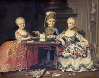 Francois-Hubert Drouais - Boy In Blue Building a House of Cards, With Two Girls