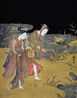 Suzuki Harunobu - A Young Couple Catching Fireflies at Night On The Banks of a River