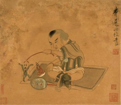 Chen Hongshou - A Child Playing With Marionettes