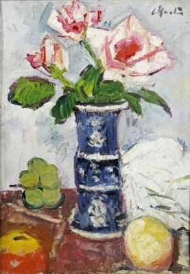 George Leslie Hunter - Pink Roses In a Chinese Blue and White Gu-Shaped Vase