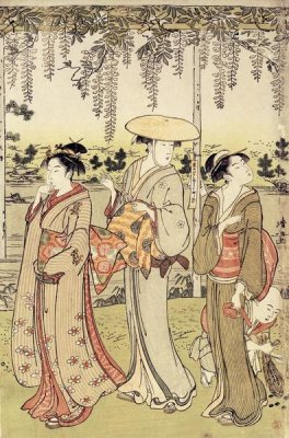 Three Women Viewing Wisteria at Kamedo