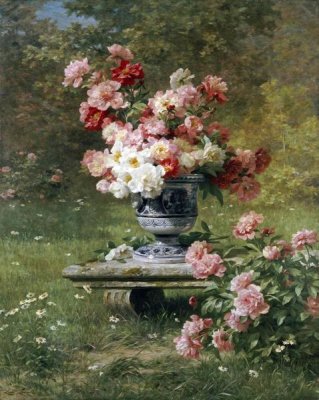 Louis Marie Lemaire - Peonies In An Urn In a Garden