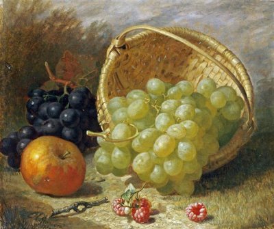 An Upturned Basket of Grapes, An Apple and Other Fruit