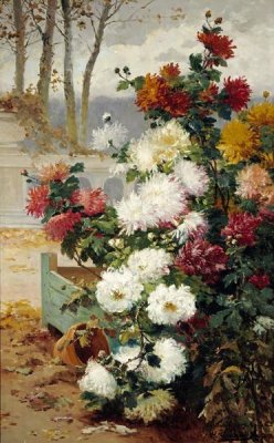 Eugene Henri Chuchois - Chrysanthemums In a Walled Garden