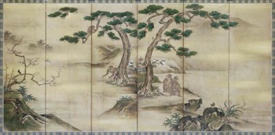 Kano School - Birds, Flowers and Monkeys Six-Panel Screen