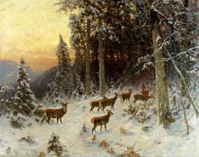 Arthur Julius Thiele - Deer In Winter Wooded Landscape