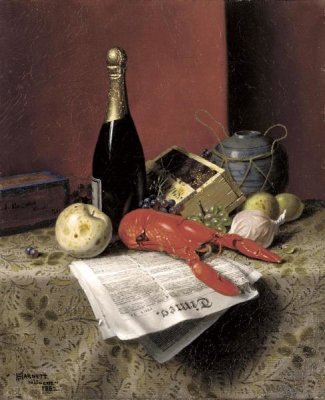 William Michael Harnett - Still Life With Lobster, Fruit, Champagne and Newspaper