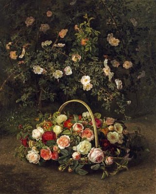 Johan Laurents Jensen - Roses In a Basket Beside a Rose Bush
