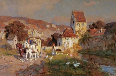 Wilhelm Velten - A Horse and Carriage By a River