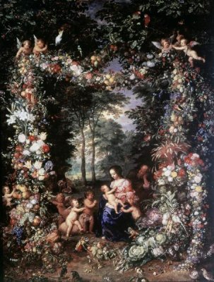 Jan Brueghel the Elder - Holy Family W/ Wreath of Fruit & Flowers