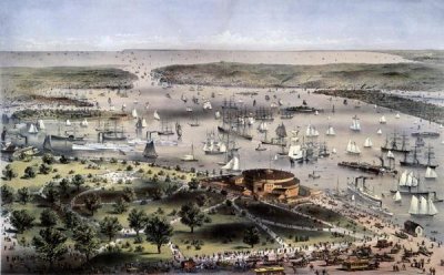 Currier and Ives - Port of New York Bird's Eye View From The Battery, Looking South