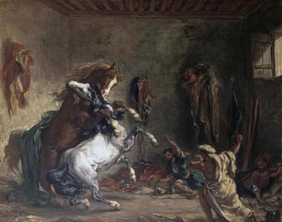 Eugene Delacroix - Arabian Horses Fighting In a Stable