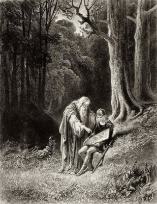 Gustave Dore - Merlin Paints The Young Knight's Shield