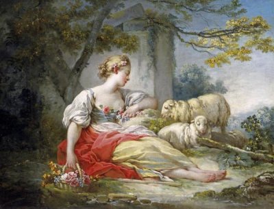 Jean Honore Fragonard - Shepherdess Seated with Sheep and a Basket of Flowers Near a Ruin in a Wooded Landscape