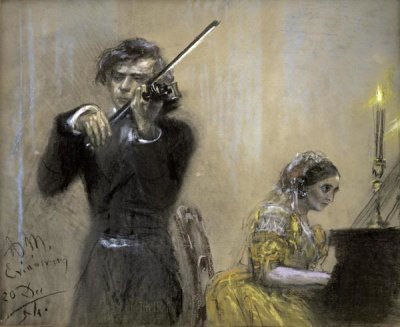 Adolf von Menzel - A Violinist and Clara Schumann