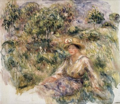 Pierre-Auguste Renoir - Femme en bleu en chapeau assise sur l'herbe