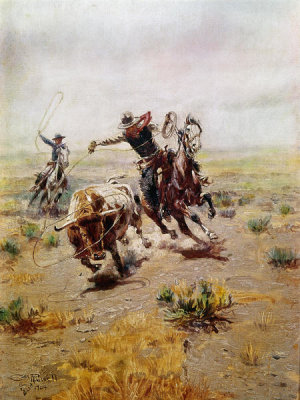 Charles M. Russell - Cowboy Roping a Steer