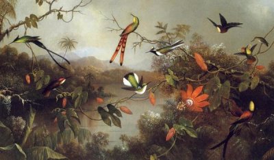 Martin Johnson Heade - Tropical Landscape With Ten Hummingbirds