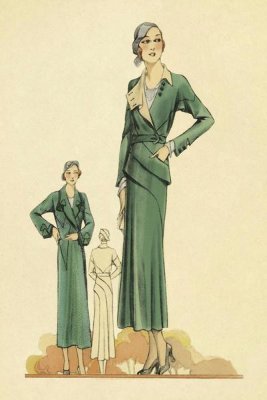 Vintage Fashion - Green Dress and Overcoat