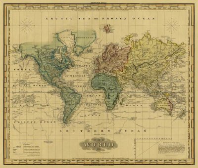 Henry S. Tanner - World on Mercators Projection, 1823 - Tea Stained