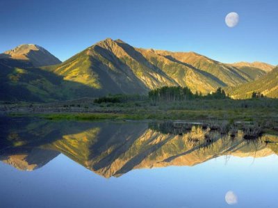 Tim Fitzharris - Moon and Twin Peaks reflected in lake, Colorado