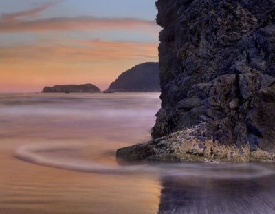 Tim Fitzharris - Barnacle-covered seastack at sunset, Pistol River Beach, Oregon