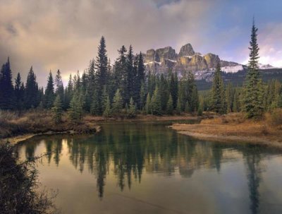 Tim Fitzharris - Castle Mountain and boreal forest reflected in lake, Alberta, Canada