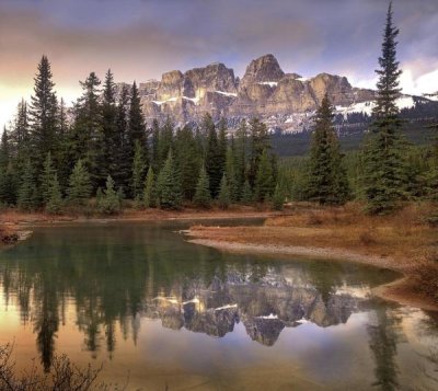 Tim Fitzharris - Castle Mountain and boreal forest reflected in lake, Banff National Park, Alberta