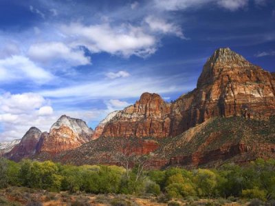 Tim Fitzharris - The Watchman, outcropping near south entrance of Zion National Park, cottonwoods in foreground, Utah