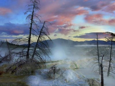 Tim Fitzharris - Steam rising from travertine formations, Minerva Terrace, Mammoth Hot Springs, Yellowstone National Park, Wyoming